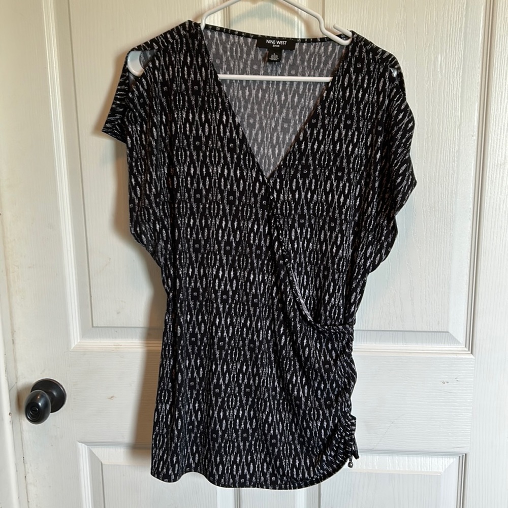 Black and white wrap blouse
